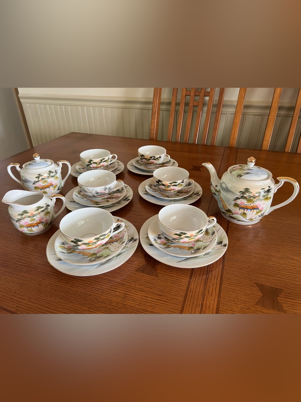 Hayasi Kutani Lithophane 23 Piece Tea Set-Mt. Fuji Water Front Scene-1950’s-VTG